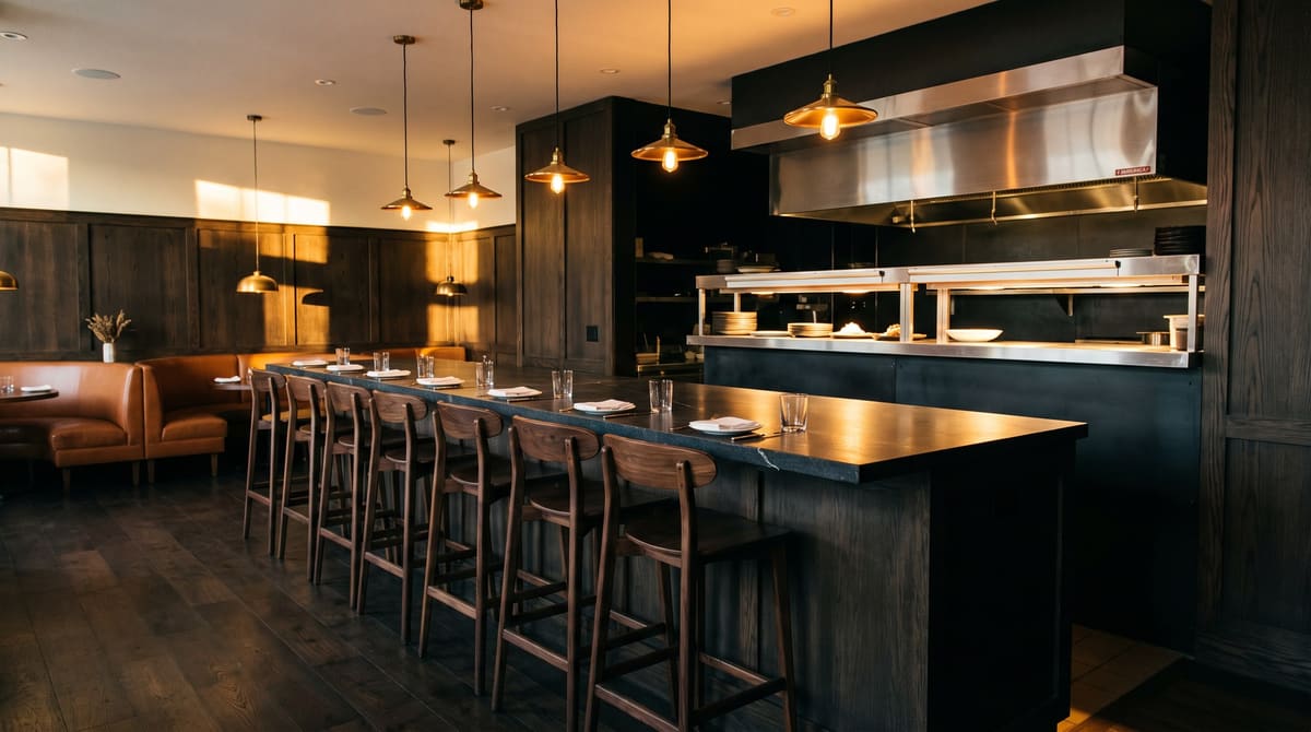 A finished upscale restaurant with a dark soapstone chef's counter and walnut stools facing an open kitchen, dark oak paneling, and low brass pendant lights