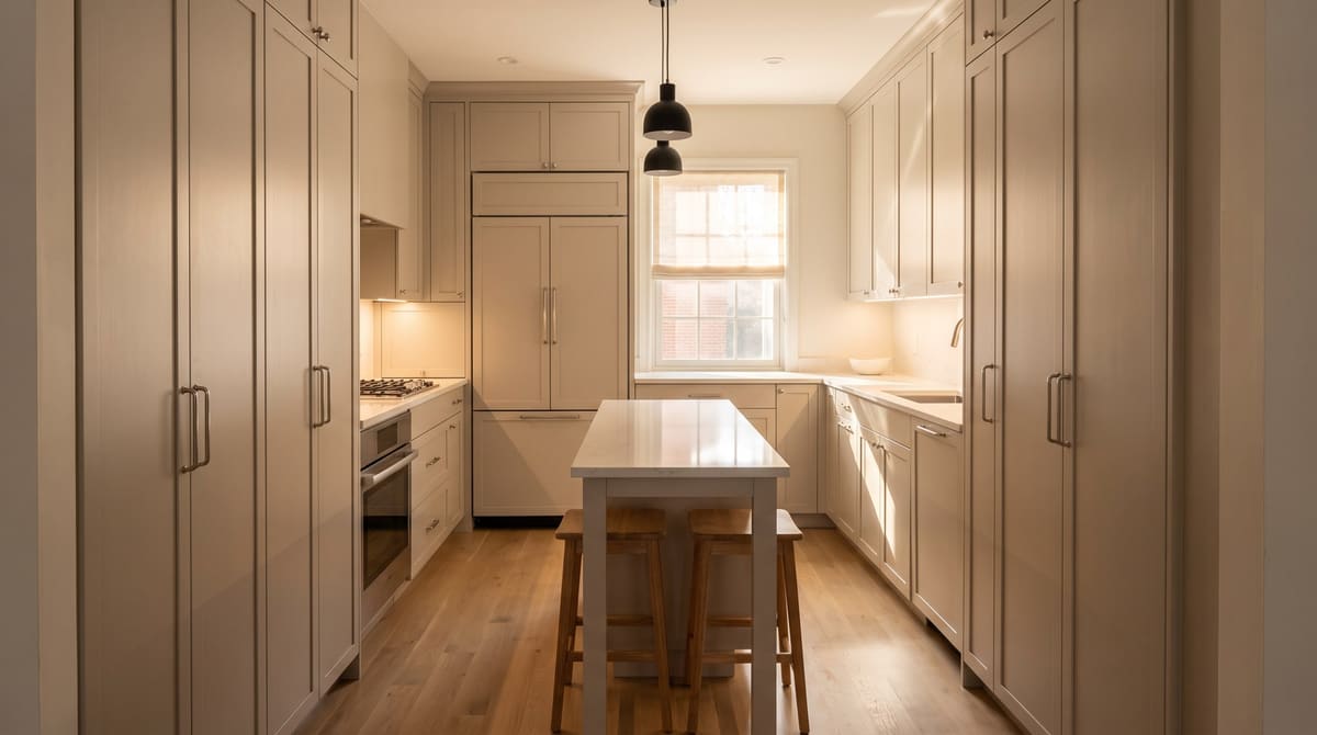 A remodeled galley kitchen in a 1990s townhome with tall greige cabinets to the ceiling, a panel-ready refrigerator, a slim white quartz island, and linear under-cabinet lighting