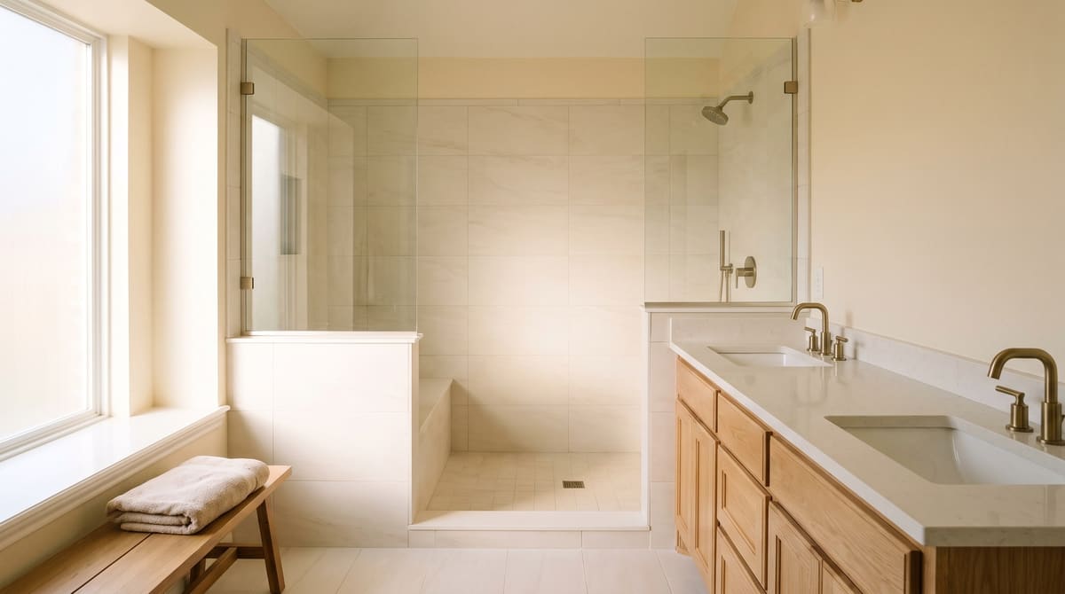 A remodeled primary bathroom in a 1990s brick home with a walk-in glass shower where the garden tub used to be, a light oak double vanity, and brass fixtures