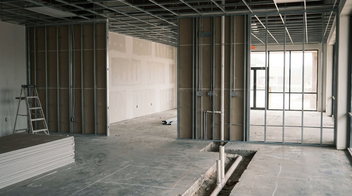 A retail suite in a suburban strip center partway through a build-out, with new stud walls, exposed conduit, an empty ceiling grid, and a trenched concrete slab
