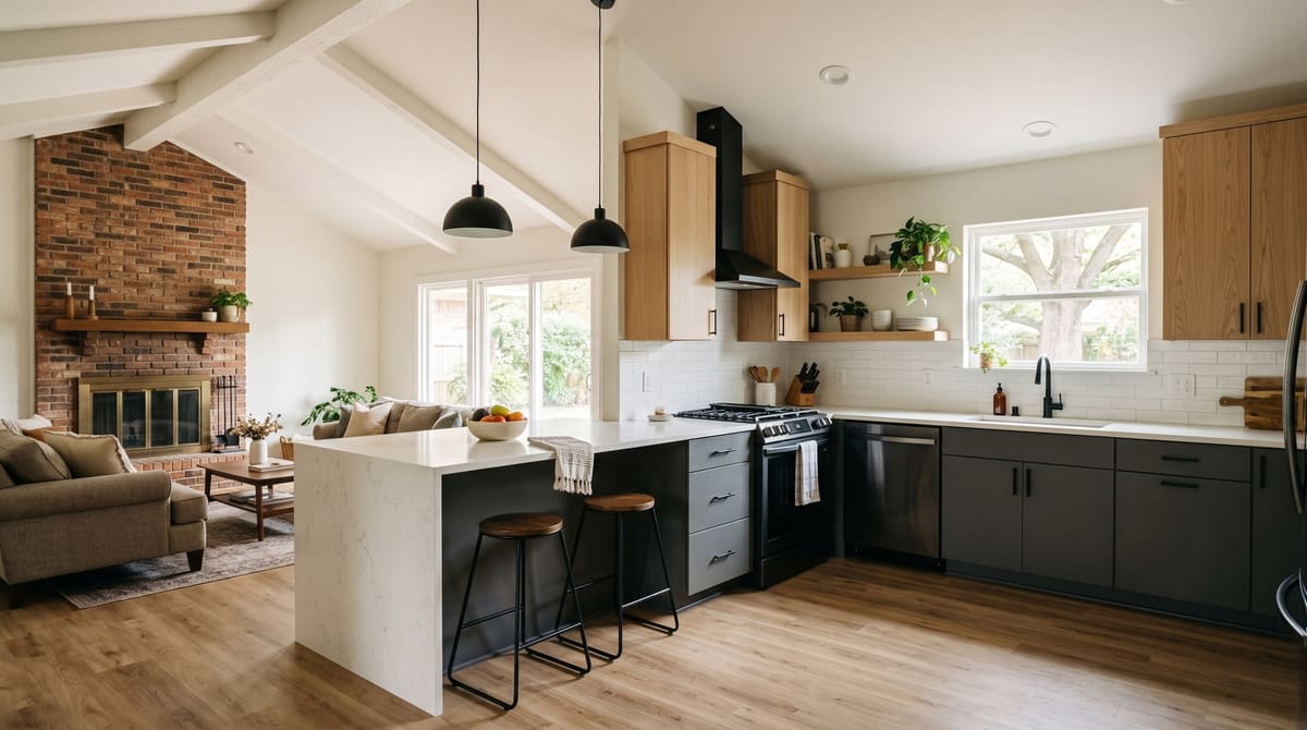 A remodeled kitchen in a 1980s one-story brick ranch house, with the soffits removed, a peninsula opened to a family room with a vaulted ceiling, and new two-tone cabinets