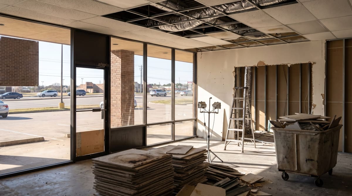 A vacant suite in an older brick strip center mid-renovation, with the previous tenant's ceiling grid partly removed, ductwork exposed, and an aluminum storefront facing a parking lot