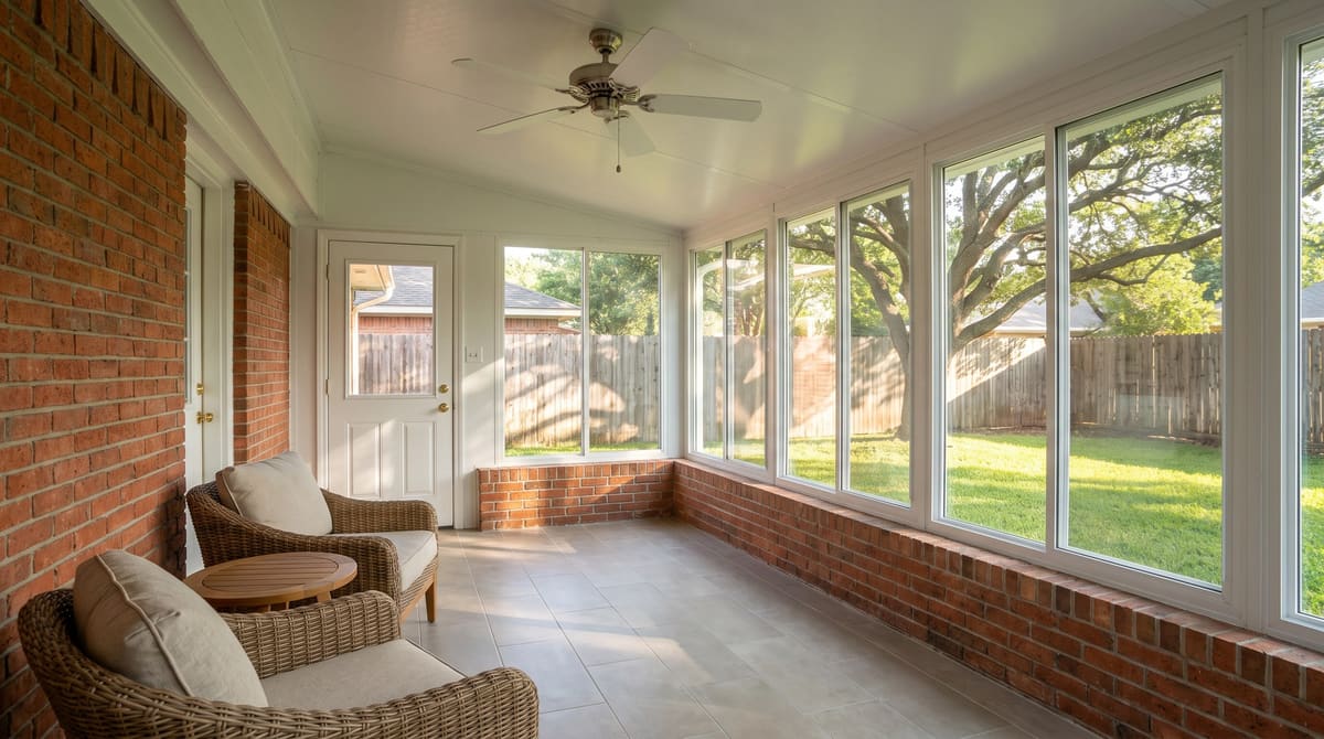 Illustrative glass sunroom added to a 1980s red brick house with porcelain tile floor, a white ceiling fan, rattan chairs, and a backyard live oak beyond the windows