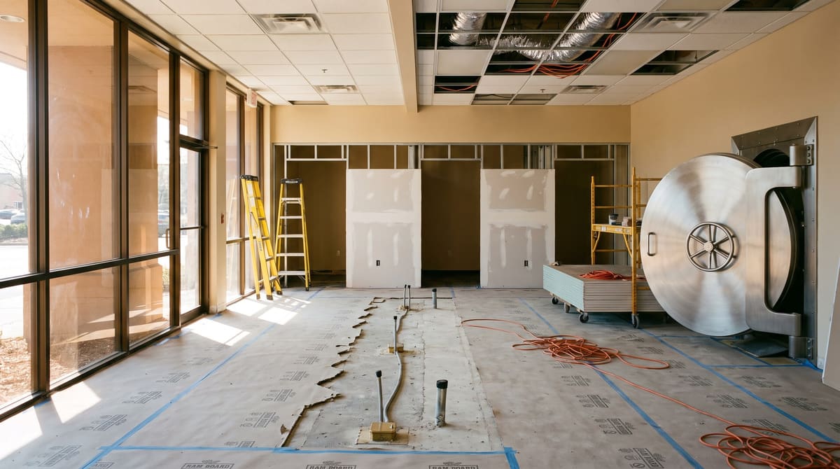 A bank branch interior mid refit with the teller counter demolished, new steel stud offices partly faced in drywall, gray floor protection, and a round stainless vault door left open in a beige wall