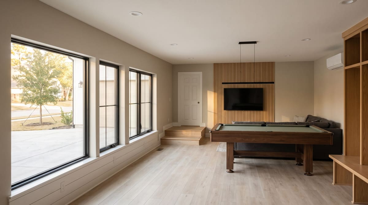 A former two-car garage finished as a game room with a black-framed window wall where the garage door was, pale oak vinyl plank floors, a walnut pool table, and a charcoal sectional