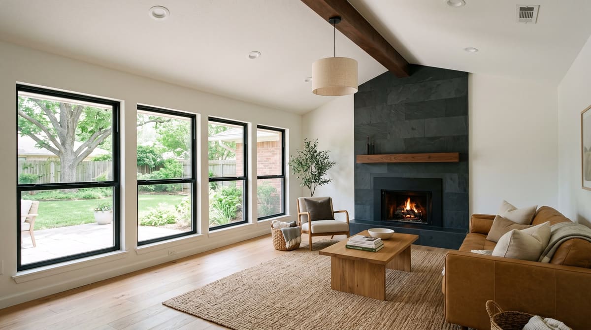 A remodeled 1980s ranch living room with a smooth vaulted ceiling, a fireplace wall refaced in charcoal slate with a walnut mantel, white oak floors, and black-framed windows facing a backyard pecan tree