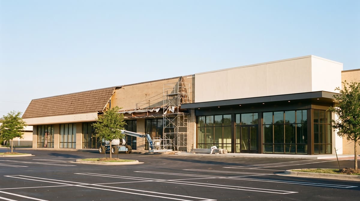 A 1980s tan brick strip shopping center halfway through a facade renovation, with the old shingle mansard removed on one side and new bronze storefront glass, a charcoal steel canopy, and a stucco parapet on the other