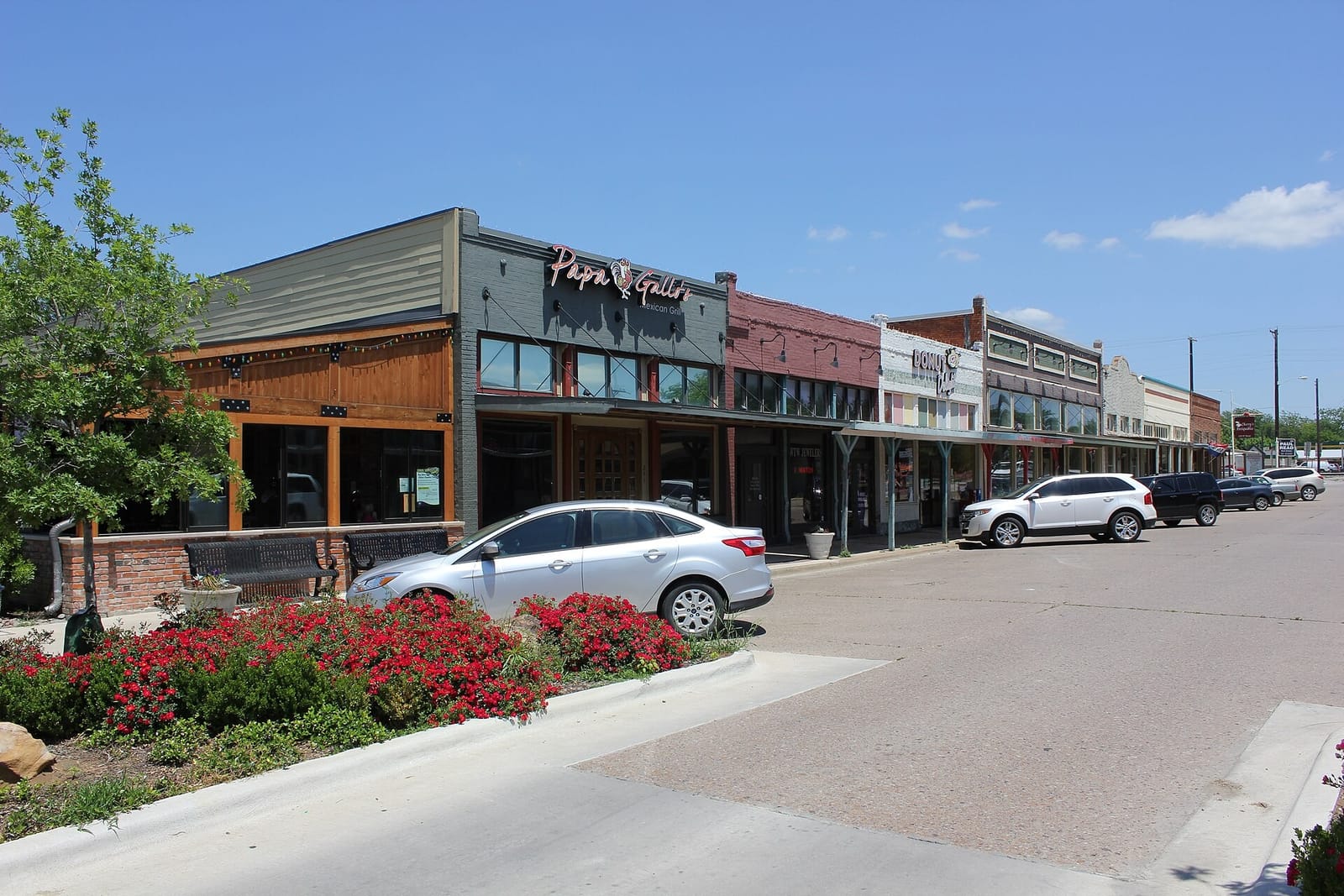 A row of brick storefronts with metal awnings on the historic downtown square in Celina, Texas, behind a bed of red flowers