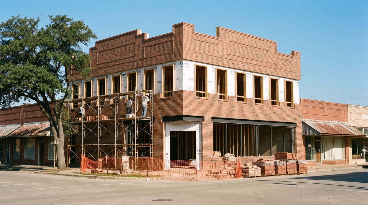 A new two-story brick mixed-use building under construction beside older one-story storefronts on a small-town square, with scaffolding and open storefront bays