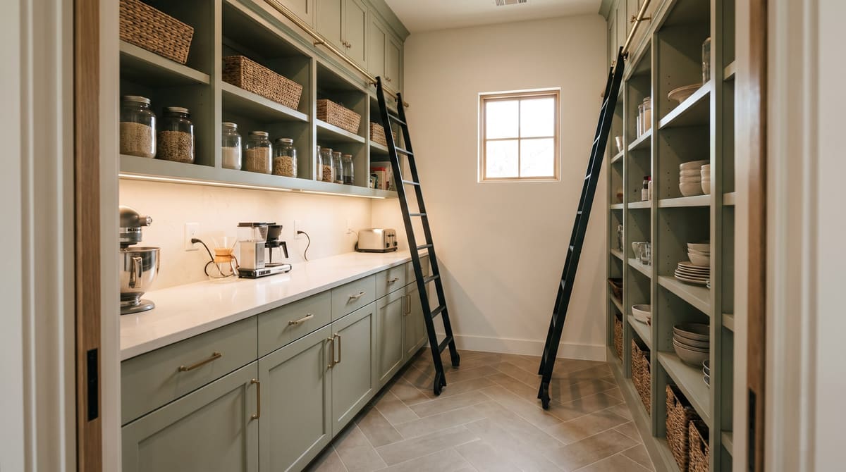 A custom walk-in pantry with sage green floor-to-ceiling shelving, an appliance counter in white quartz, a small window, and herringbone porcelain tile