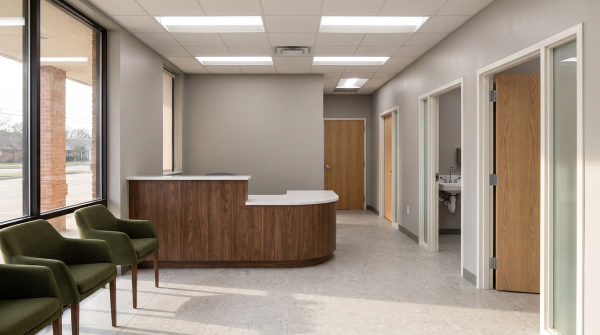 A newly finished small clinic with a walnut reception counter, putty gray walls, terrazzo-look tile floors, and white oak exam room doors