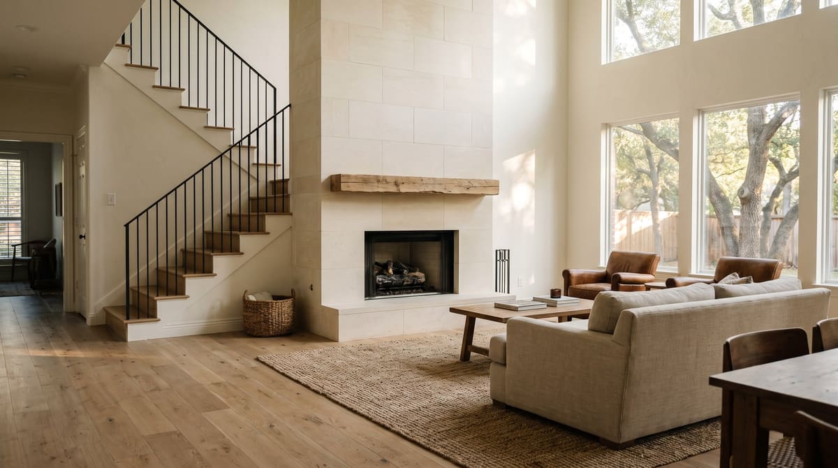 A remodeled two-story great room in a 1990s custom home with a fireplace refaced in honed cream limestone, rift-sawn white oak floors, a blackened steel stair rail, and tall windows facing post oaks