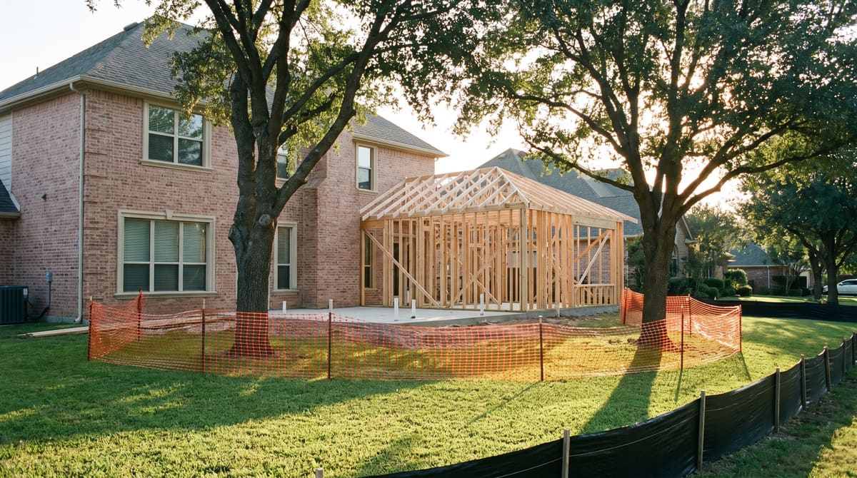 A single-story addition framed onto the back of a large brick home, with orange tree protection fencing circling two mature post oaks on a wide lawn