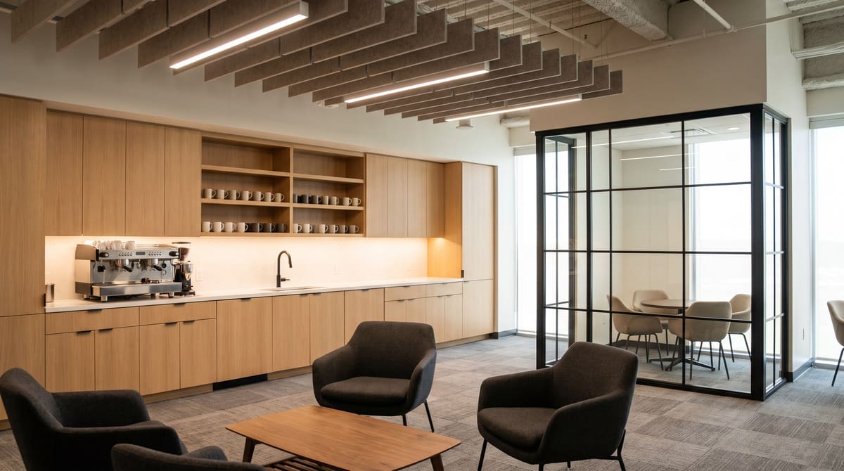 A finished corporate office break room with a long white oak kitchenette and coffee bar, charcoal lounge seating, a glass-walled huddle room, and gray felt acoustic baffles hanging from the ceiling