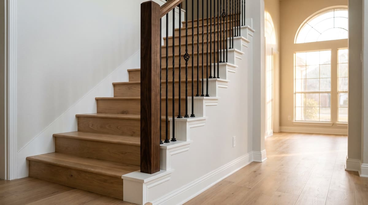 A remodeled staircase in a 1990s two-story home with white oak treads, white painted risers, black iron balusters, and a stained walnut handrail rising from a sunlit foyer