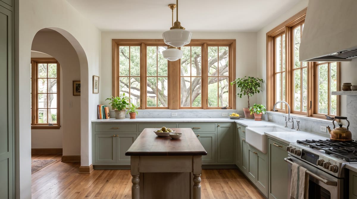 Remodeled kitchen in a 1930s Tudor-style house with an arched doorway, sage cabinets, and marble counters