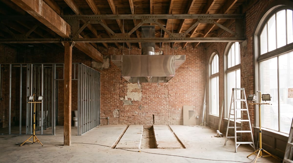 A second-generation restaurant space inside an older brick commercial building, mid renovation with a new kitchen hood and restroom framing