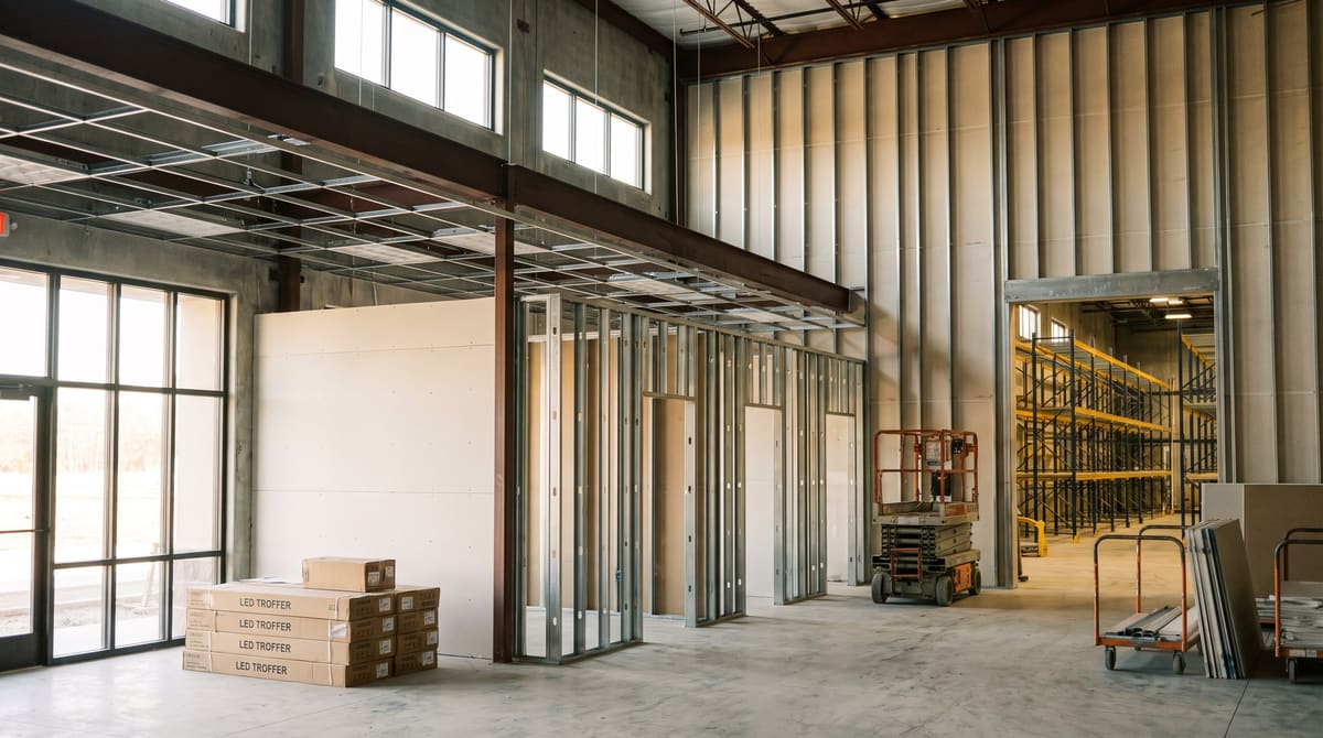Private offices framed in metal studs inside the front of a tilt-wall flex building, with a ceiling grid going in and a warehouse visible through a doorway
