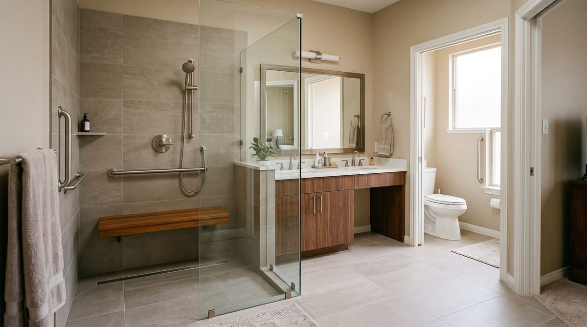 A remodeled primary bathroom with a curbless walk-in shower, a teak shower bench, grab bars, lever faucets, and a walnut vanity with knee space