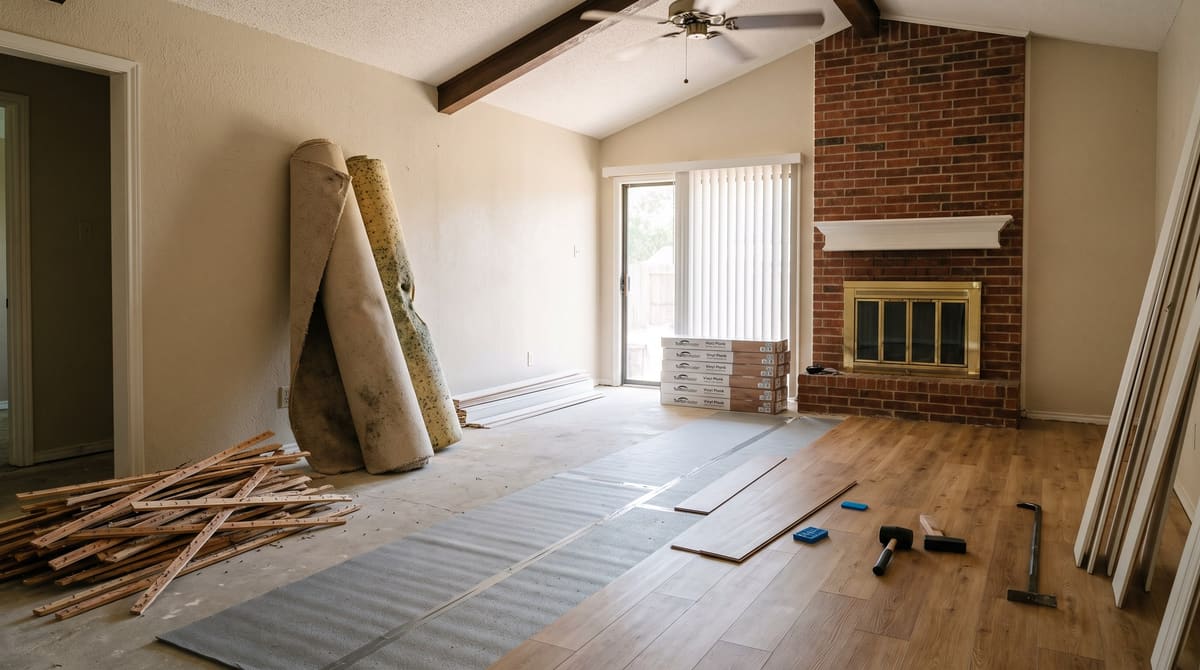 A 1980s single-story living room mid flooring job, with old beige carpet rolled against the wall, gray underlayment on the slab, warm oak luxury vinyl plank partly installed, and boxes of planks by a brick fireplace