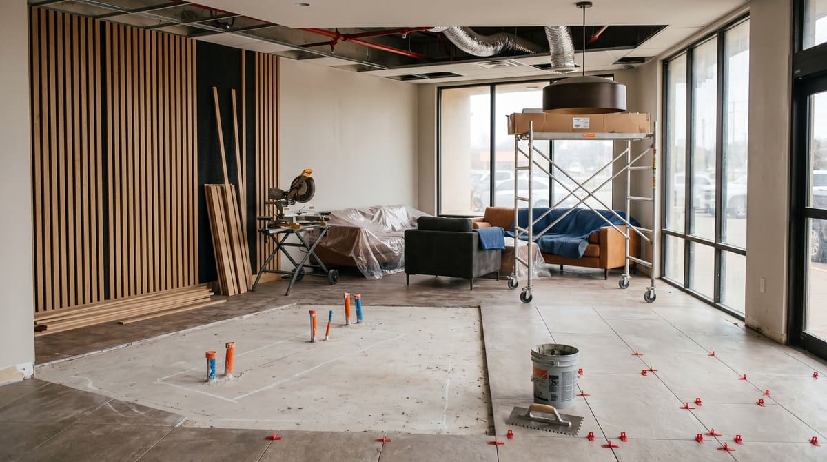 An airport-area hotel lobby mid-renovation with the old front desk removed, greige porcelain tile partly laid, a white oak slat feature wall half clad, and lounge furniture wrapped in plastic and moving blankets