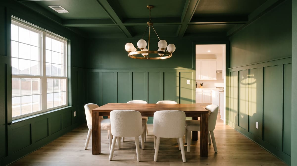 A dining room in a 2020s new-build home with board-and-batten wainscoting and a coffered ceiling painted deep forest green, an aged brass ring chandelier, and a walnut table