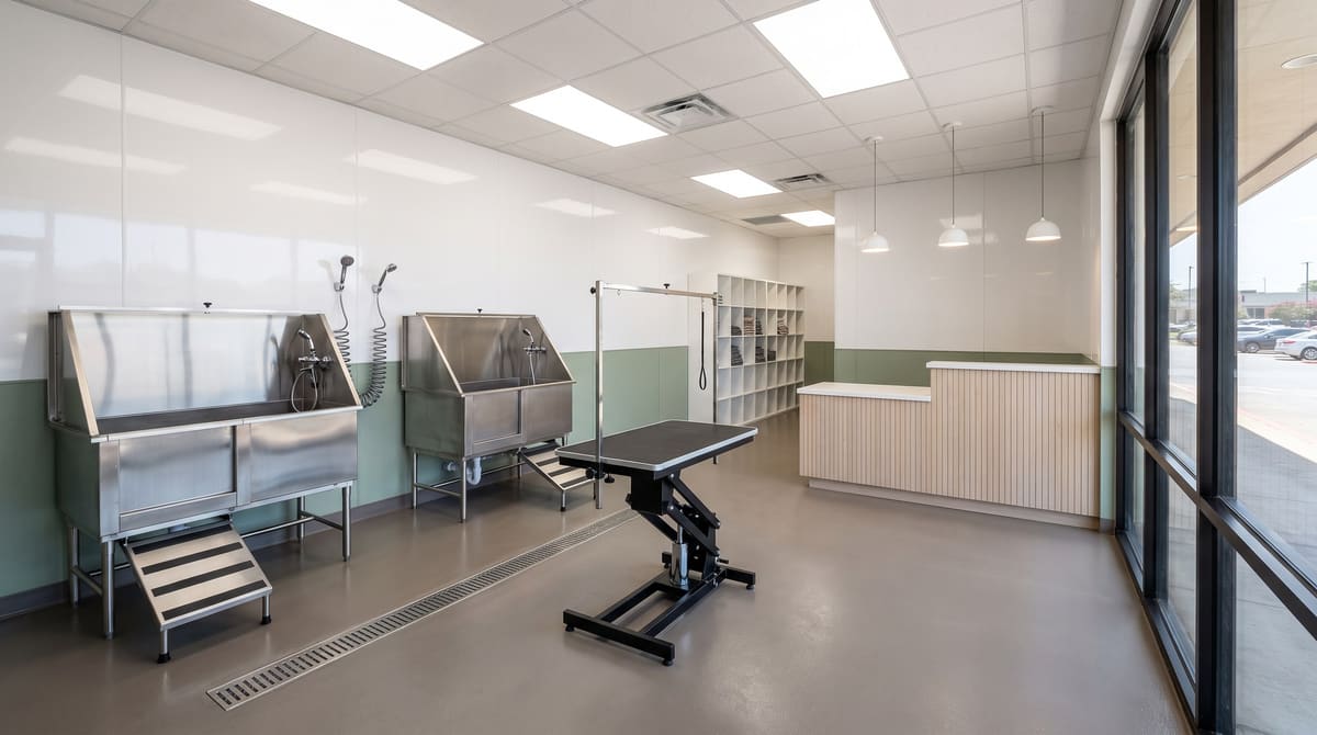 Illustrative pet grooming salon in a retail suite with two raised stainless grooming tubs, a black grooming table, white and sage washable wall panels, and a white oak front counter