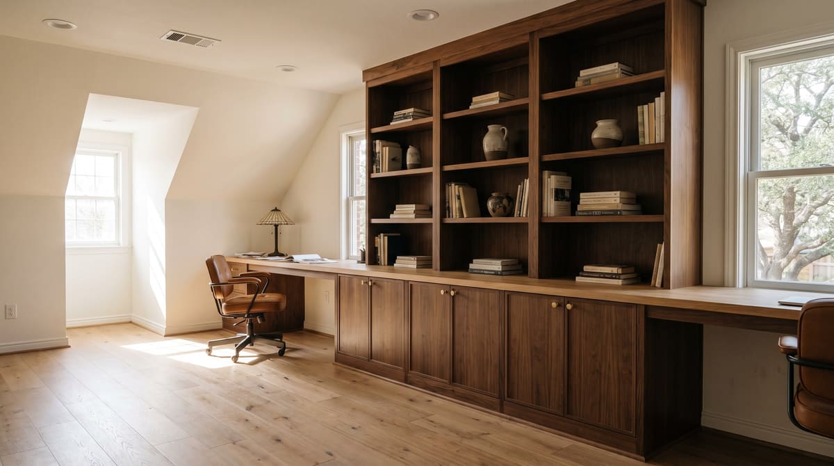 An upstairs bonus room in a 2000s brick home converted to a home office, with walnut built-in desks, a white oak desktop, floor-to-ceiling shelving, and a dormer window