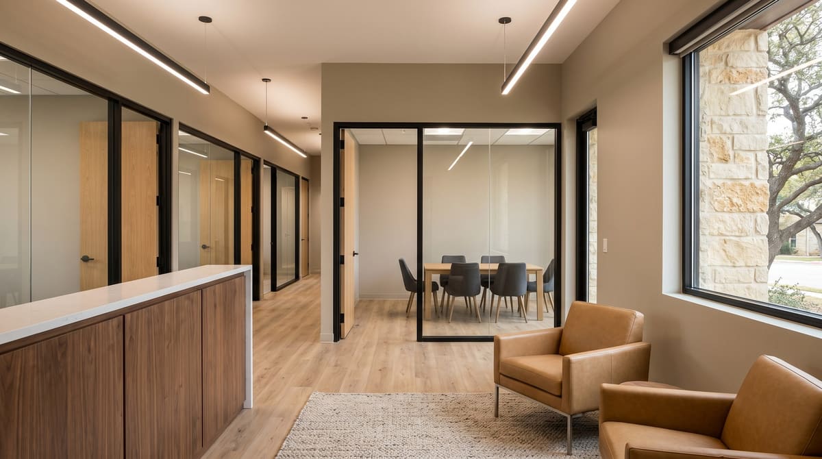 A finished professional office suite in a stone-clad two-story building, with a walnut reception desk, glass-front private offices, and a small conference room with a light oak table