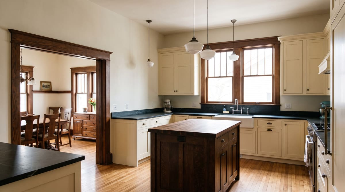 A remodeled kitchen in a 1910s Craftsman bungalow with original wood windows, painted inset cabinets, and a farmhouse sink