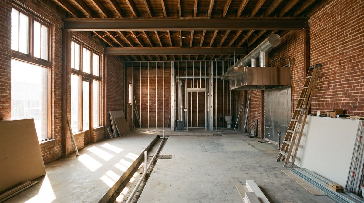 The inside of a 1920s brick storefront mid conversion to a restaurant, with repointed brick walls, a trench cut for new plumbing, and new kitchen hood ductwork