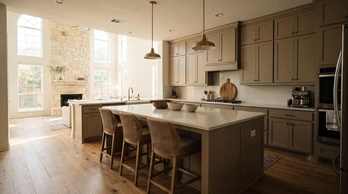 Remodeled kitchen with a quartz island and painted cabinets opening to a two-story family room
