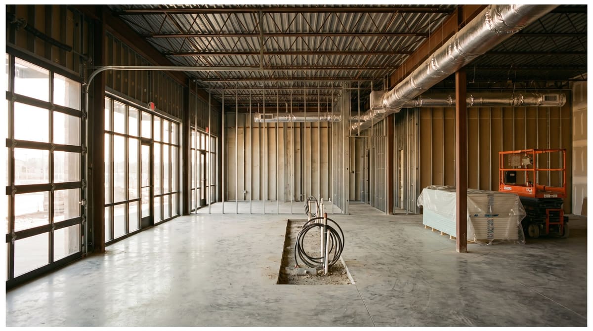 A first-generation retail shell suite mid build-out with metal stud framing, exposed bar joists, and a storefront wall