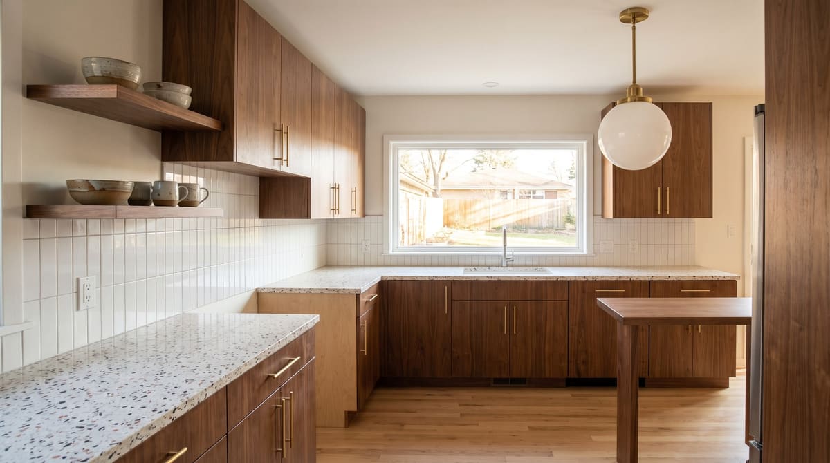 Remodeled kitchen in a 1950s ranch house with walnut slab cabinets, a terrazzo-look countertop, white stacked tile, and a brass and glass globe pendant