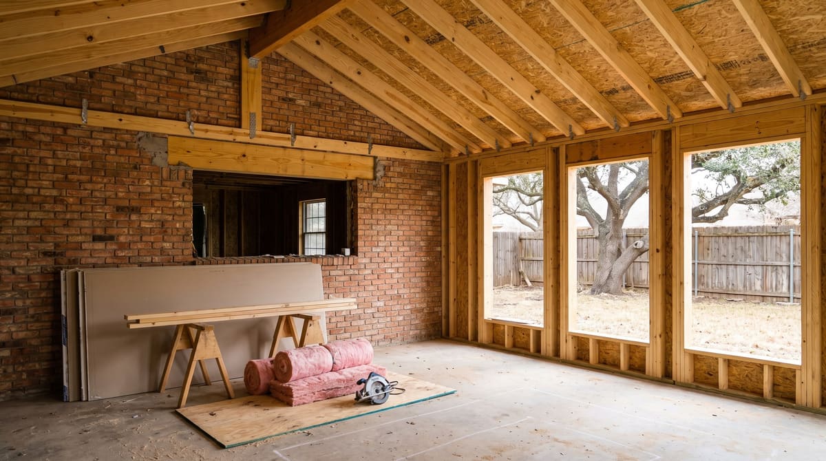A rear family room addition on a 1980s brick house under construction, with new vaulted rafters tied into the old brick wall, new window openings, and stacked drywall