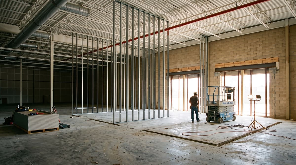 A former big-box store mid-conversion into tenant suites, with tall galvanized metal stud demising walls, an exposed white steel roof deck far above, and new storefront openings cut through a tan block front wall