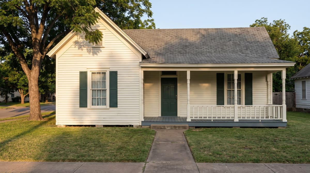A one-story 1910s wood-frame cottage after a porch restoration, with white lap siding, turned porch posts, a low railing, restored double-hung windows, and dark green shutters