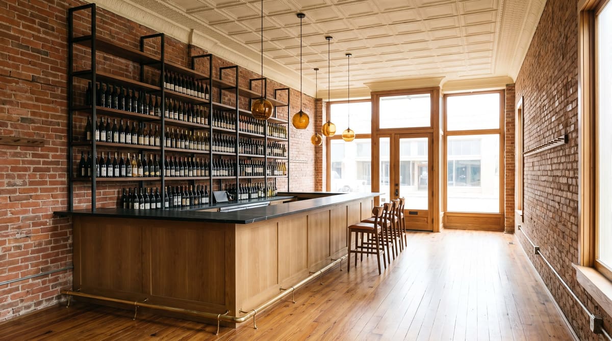 A finished wine tasting room in an early 1900s brick storefront with exposed red brick walls, a long white oak bar, a steel and walnut wine wall, and amber glass pendant lights