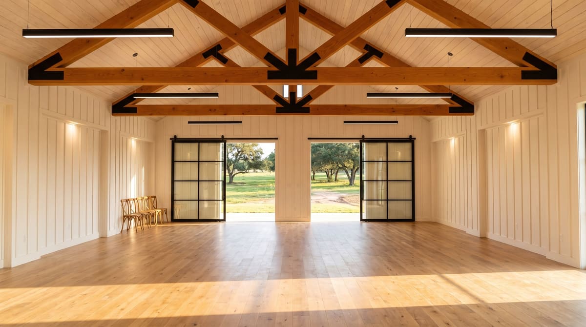 An empty barn-style event hall with exposed timber trusses, a whitewashed wood ceiling, wide-plank white oak floors, board-and-batten walls, and tall steel-framed sliding doors open to a pasture