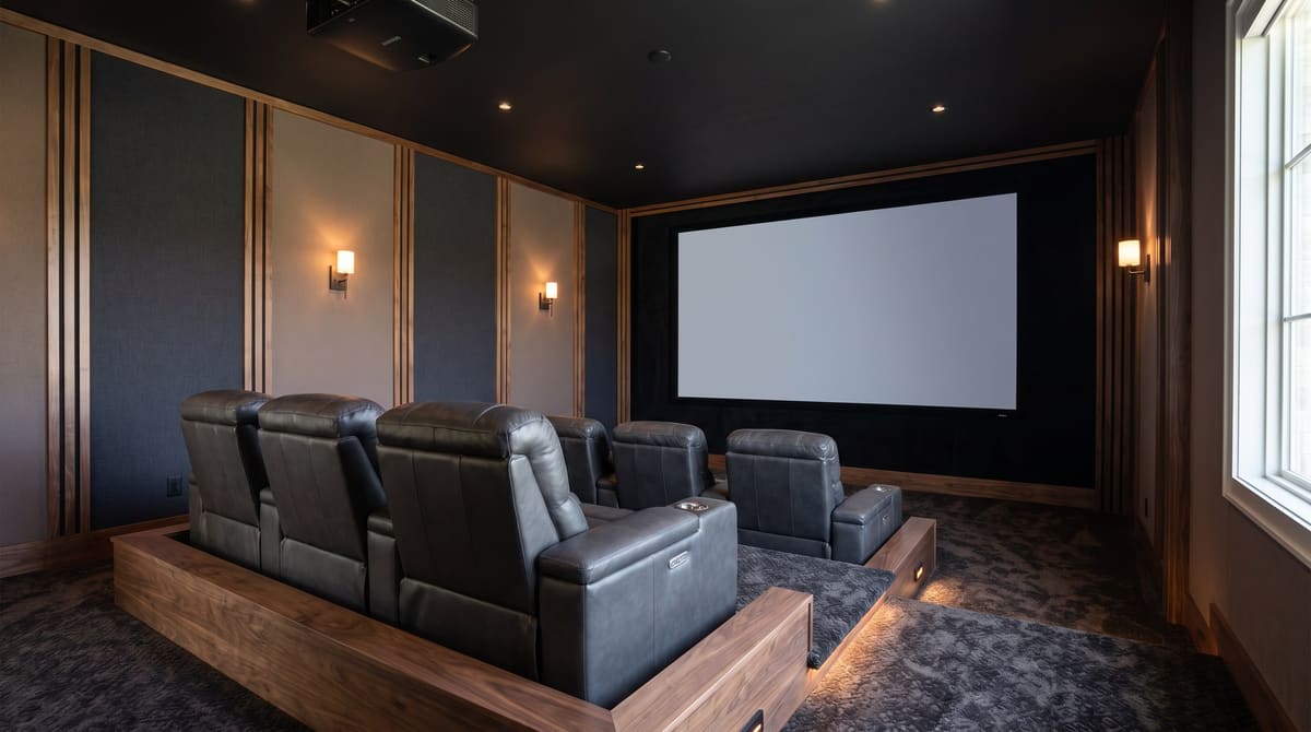 A dedicated home theater room with three tiers of charcoal leather recliners, fabric acoustic wall panels with walnut trim, a large projection screen, and a matte black ceiling