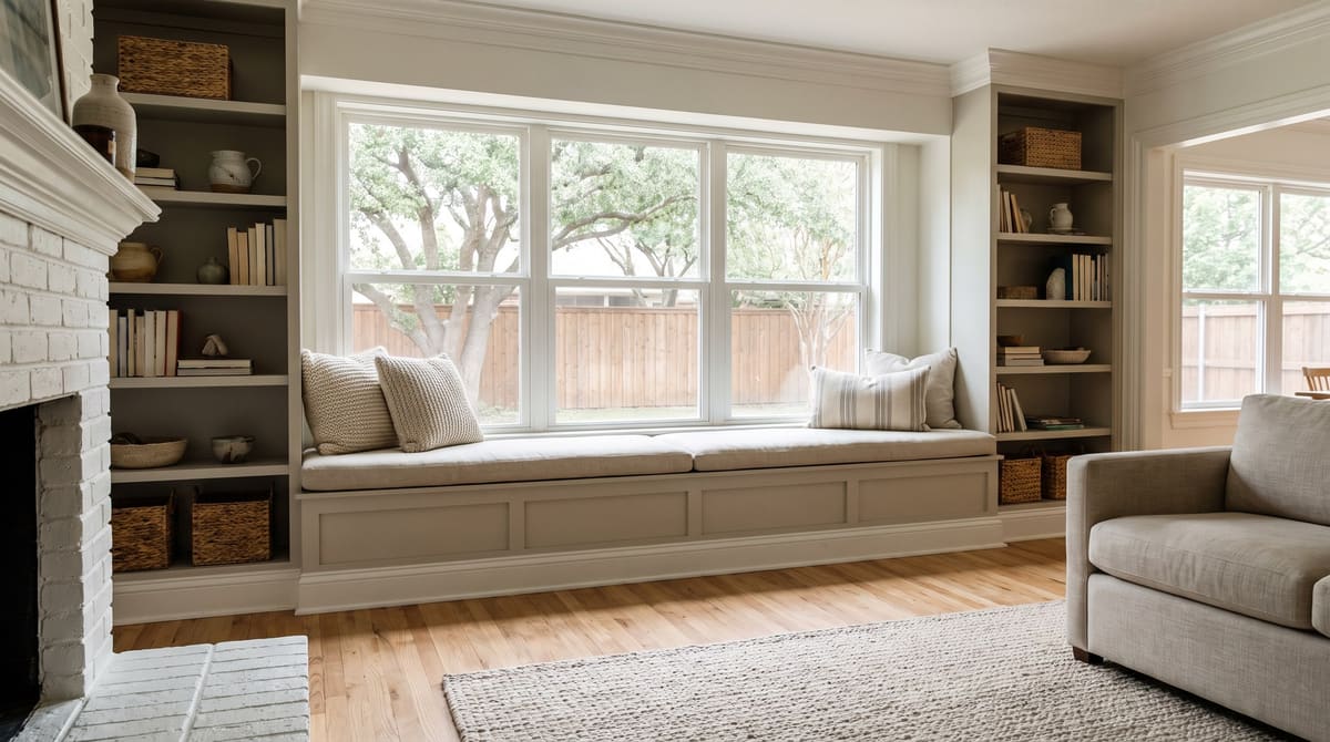 A 1990s family room with a built-in window seat in soft greige under a wide window, flanked by floor-to-ceiling shelving, with new crown molding and refinished oak floors