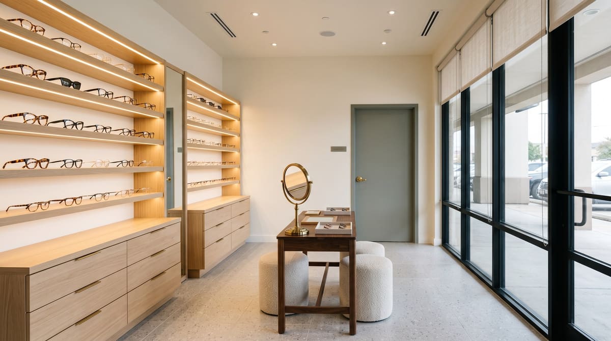 A finished optometry practice and eyewear shop with lit white oak frame display walls, a walnut fitting table with a round mirror, and a sage gray exam room door