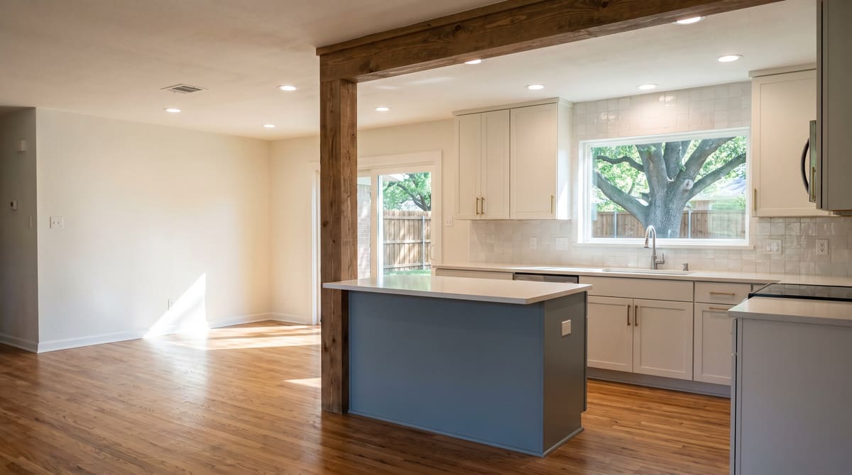 A remodeled kitchen in a single-story 1950s home with the wall to the living room opened up, a new island, painted cabinets, and oak floors