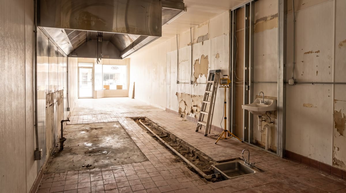 A second-generation restaurant kitchen in an older strip center suite mid-renovation, with the old exhaust hood still in place and a trench cut in the floor for new plumbing