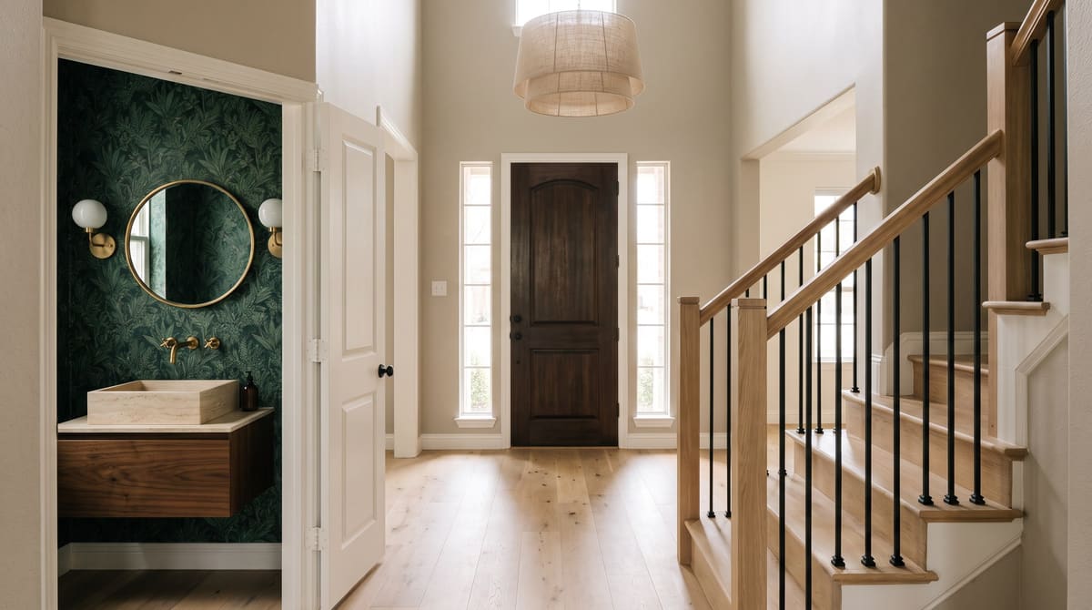 Remodeled two-story entry with white oak floors and a black-railed staircase, beside an open powder room with green botanical wallpaper, a travertine vessel sink, and brass sconces