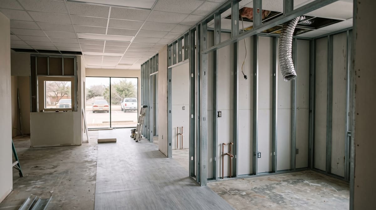 A 1980s brick office suite midway through conversion into a clinic, with metal stud exam rooms, hand-sink stub-outs, a new white ceiling grid, and gray sheet vinyl on the floor