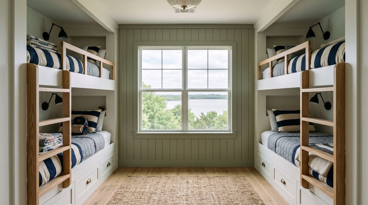 A kids' bunk room in a lake-area home with built-in white bunk beds, black reading lights, storage drawers, and a window looking out to the lake