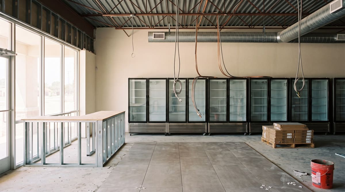 A small specialty grocery suite mid build-out with glass-door refrigerated cases being set, new gray porcelain floor tile, a framed checkout counter, and an open ceiling of steel joists and ductwork