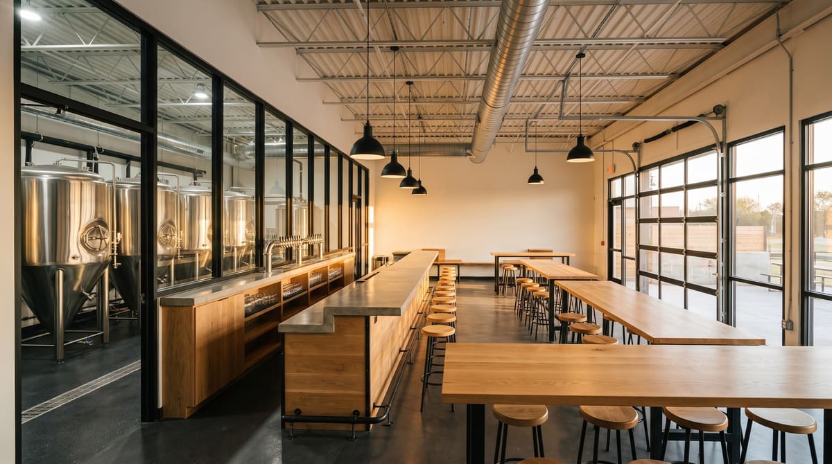 A craft brewery taproom in a light-industrial building with a concrete bar, oak communal tables, stainless fermentation tanks behind a glass wall, and an open glass roll-up door