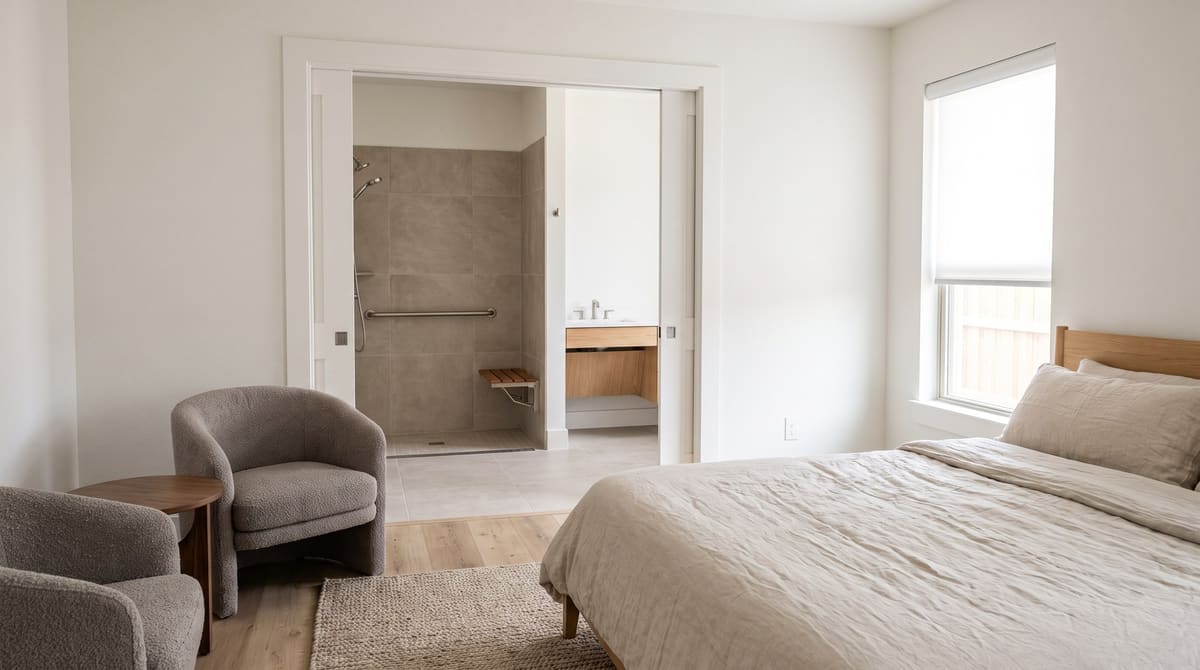 An in-law suite addition with a bedroom and sitting area, light oak floors without thresholds, and a wide doorway opening to a curbless shower with a grab bar